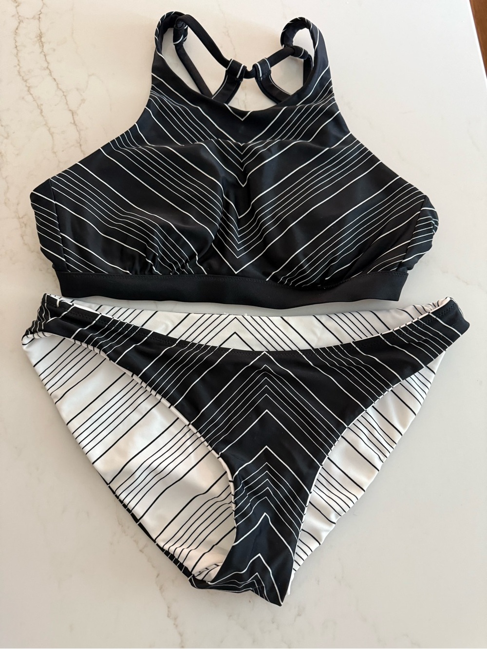 Athleta Black and White Striped bikini with reversible bottoms